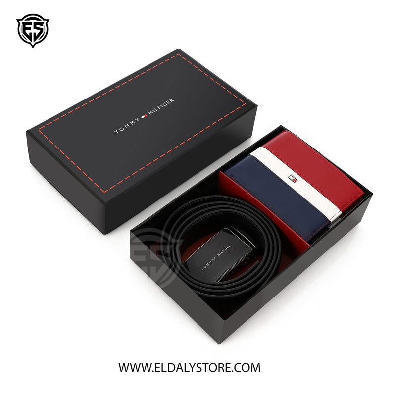 Tommy Hilfiger Signature Leather Belt & Tri-Tone Bifold Wallet Set