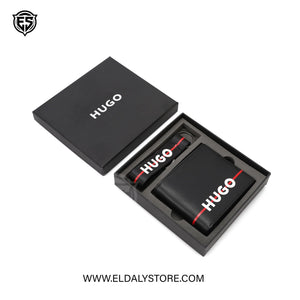 HUGO Men’s Leather Wallet & Keychain Signature Set – Black & Red