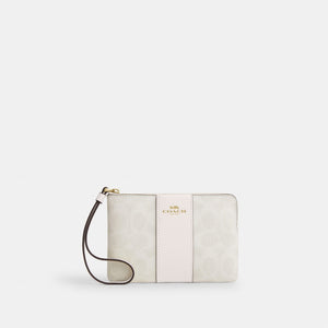Corner Zip Wristlet In Signature Canvas With Stripe – Gold/White/Chalk